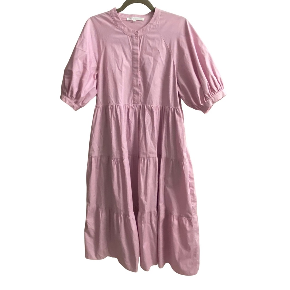 English Factory Pink Tiered Midi Dress Puff Sleeve Cotton Poplin Lilac Medium